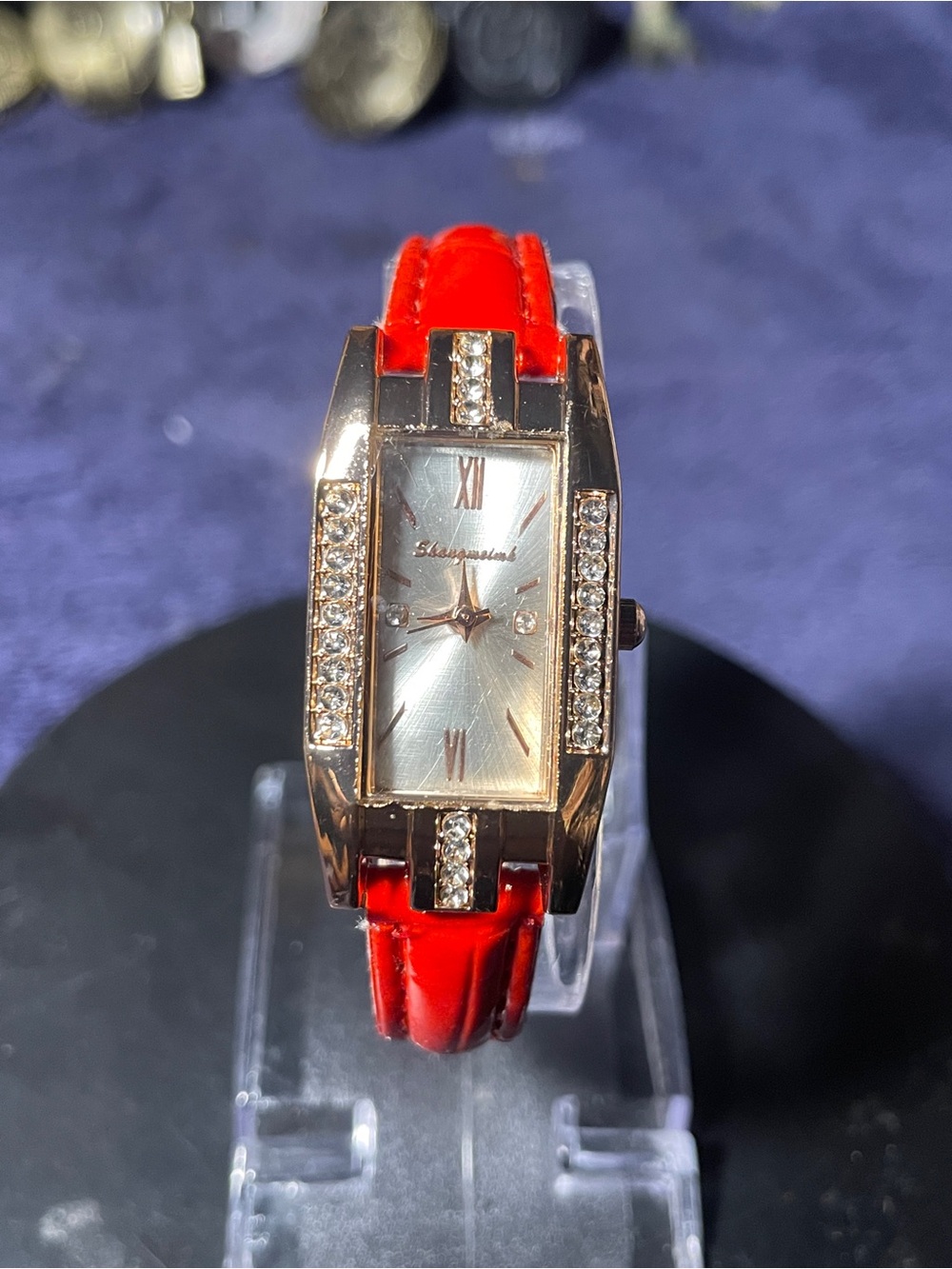 Crystal-Accented Rectangular Women's Watch with Red Leather Strap